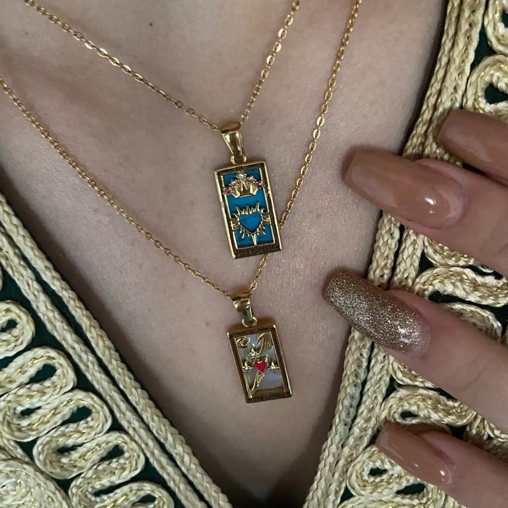 18k Gold Plated Tarot Card Necklace | The World, The Lovers | Stainless Steel